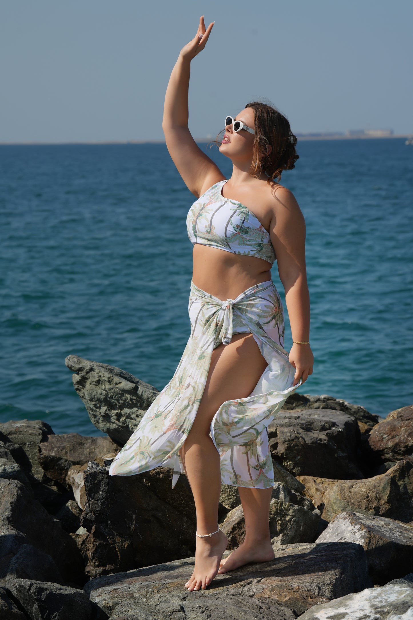 Tropical Bliss Plus Size 3-Piece Bikini Set – One-Shoulder Top & Skirt | UAE Swimwear