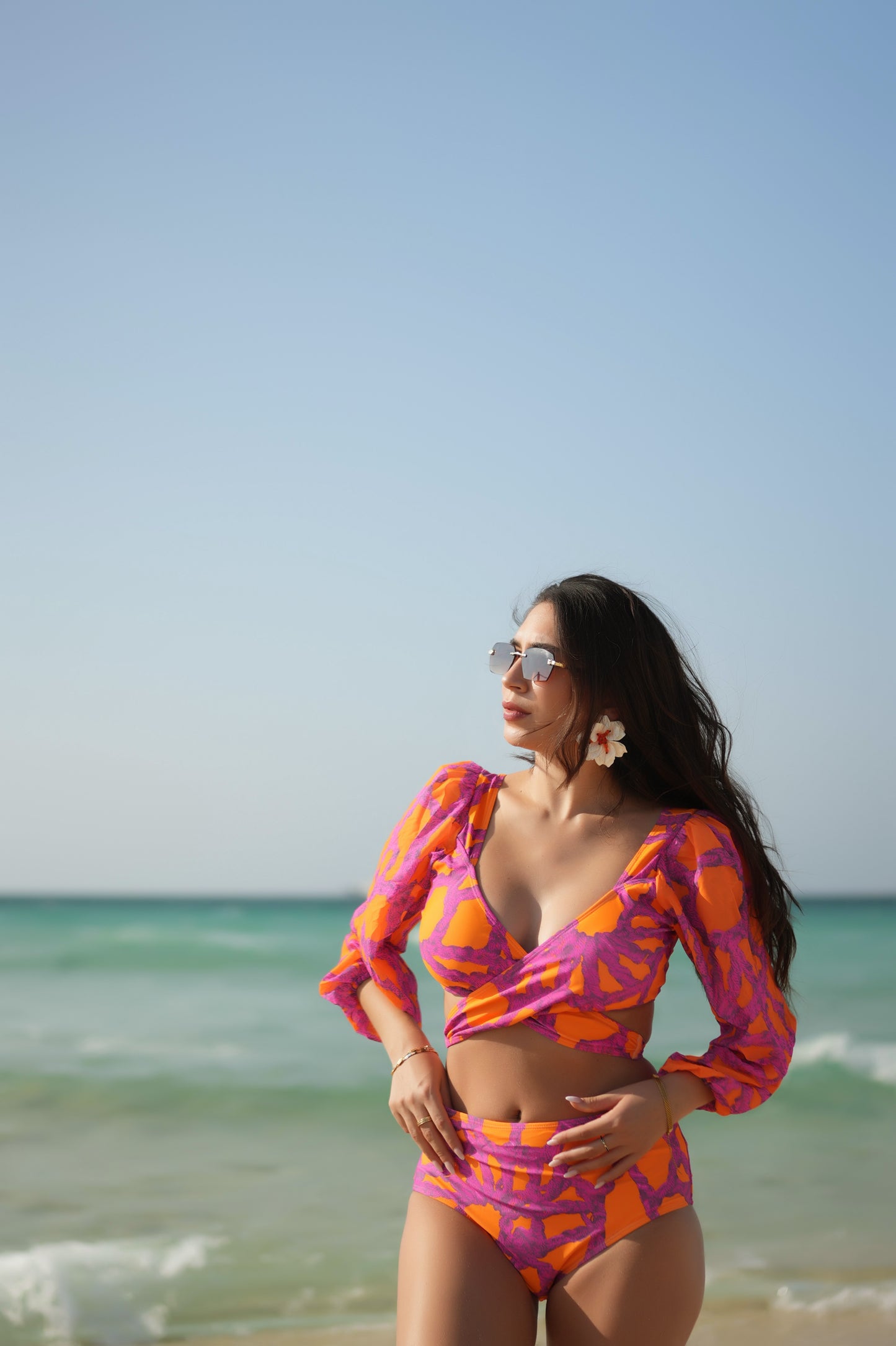 Coral Crush 3-Piece Bikini Set – Bikini Top, High-Waisted Bottom & Cover-Up Skirt