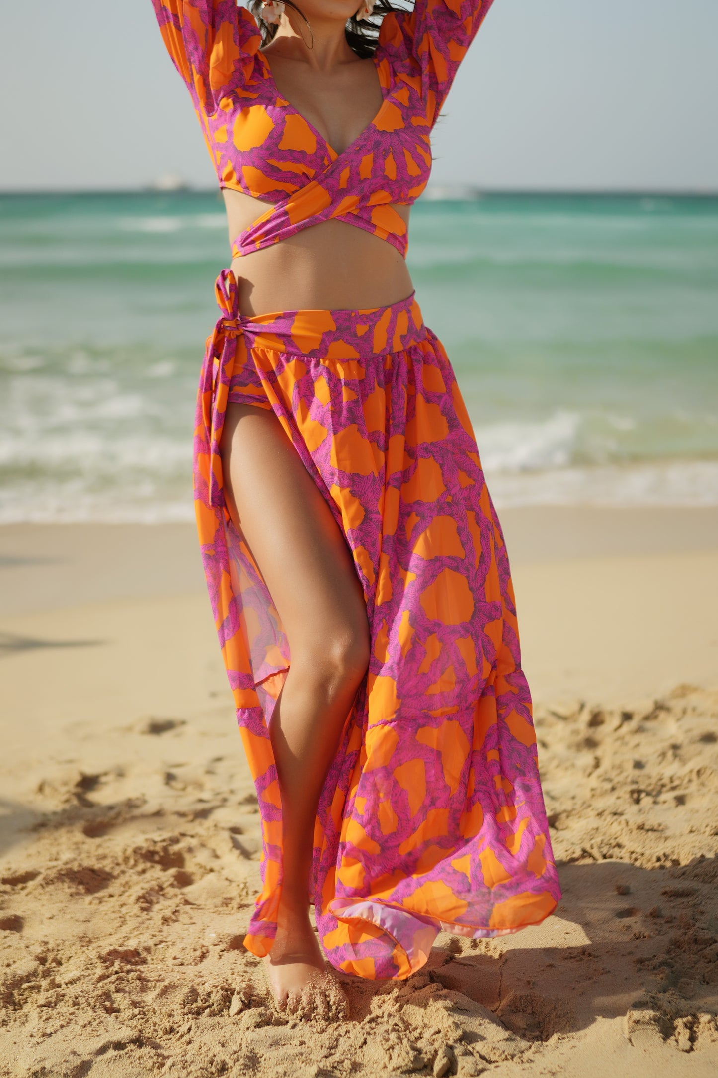 Coral Crush 3-Piece Bikini Set – Bikini Top, High-Waisted Bottom & Cover-Up Skirt