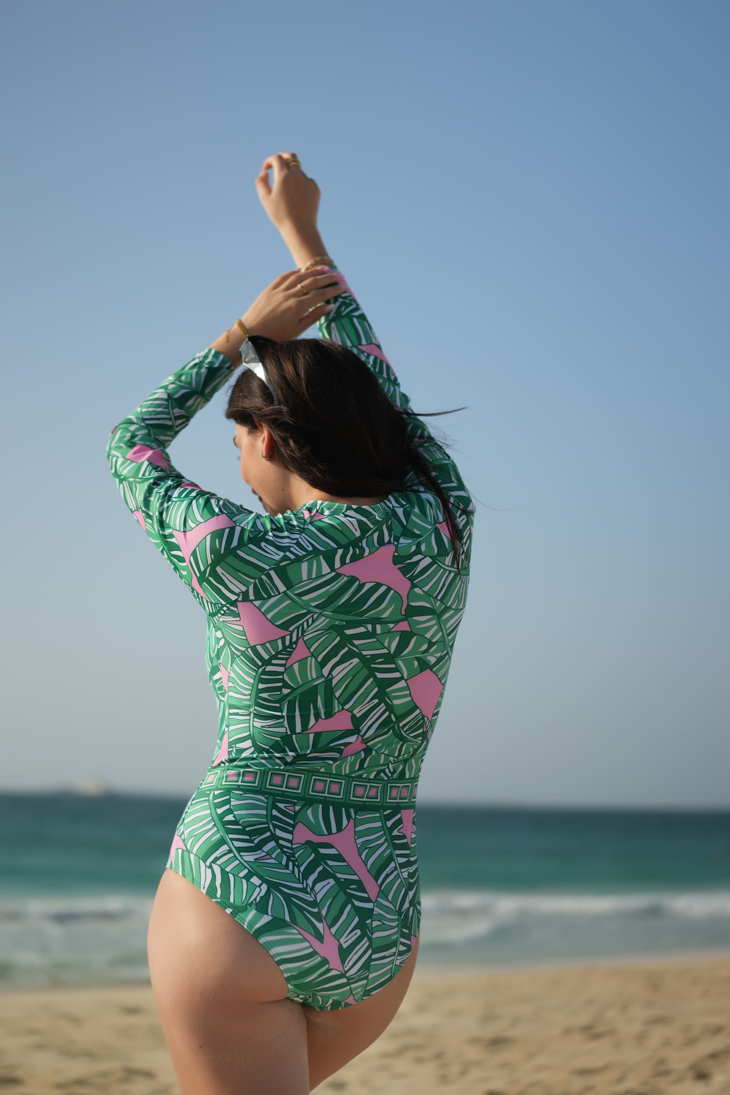 Verdant Grace 2-Piece Swimwear Set – Long Sleeve Monokini & Flowing Cover-Up Skirt | Modest Luxury Beachwear UAE