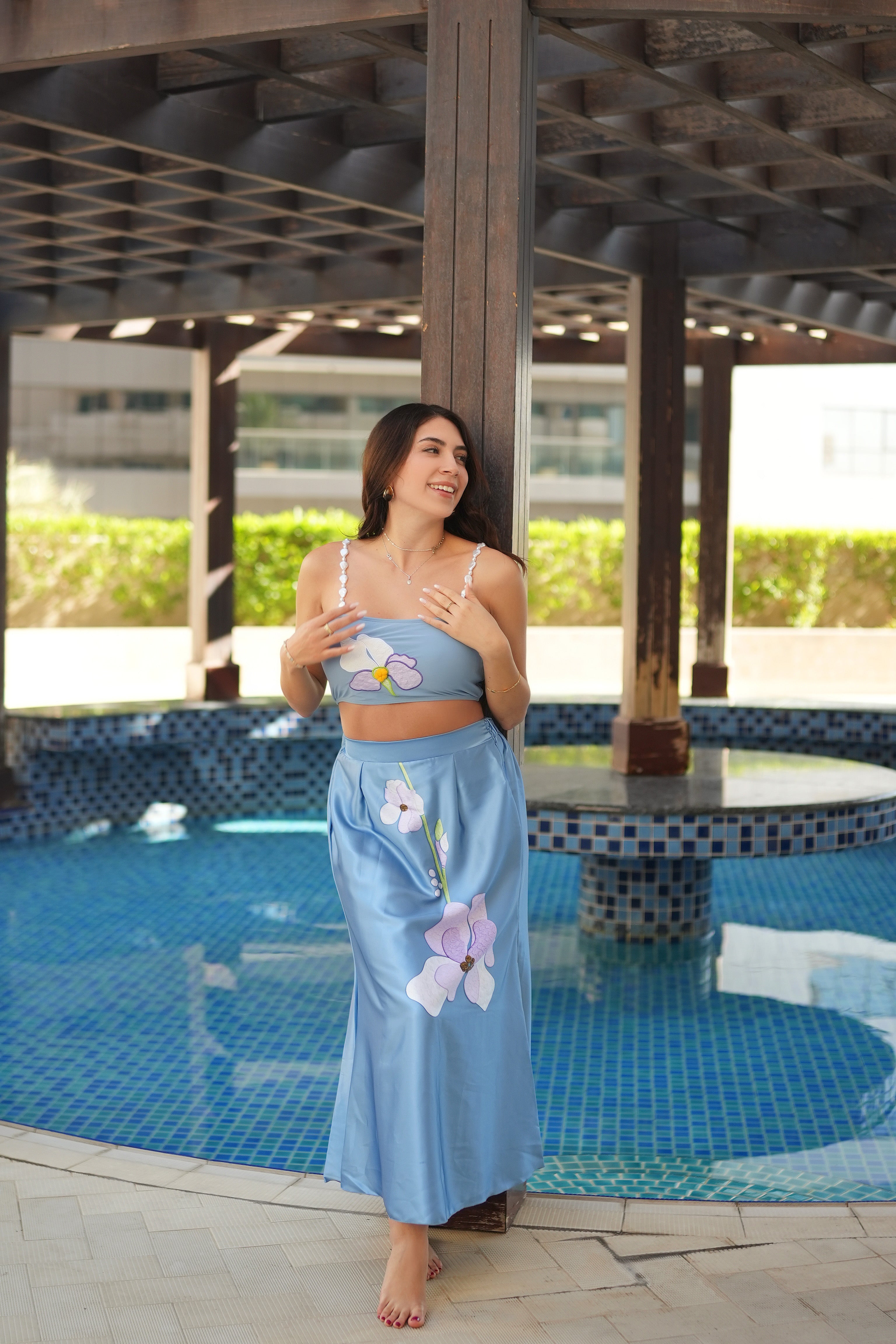 🌸 Flora Sky 3-Piece Swimsuit Set – Bikini Top, High-Waisted Bottom & Wrap Skirt