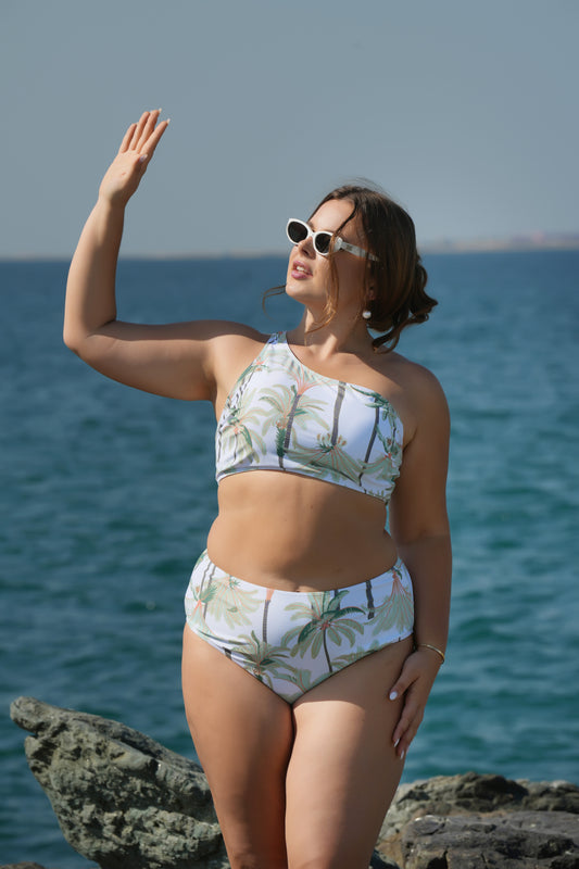 Tropical Bliss Plus Size 3-Piece Bikini Set – One-Shoulder Top & Skirt | UAE Swimwear