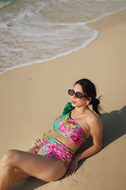 Emerald Bloom Swimsuit Set with Wrap Skirt