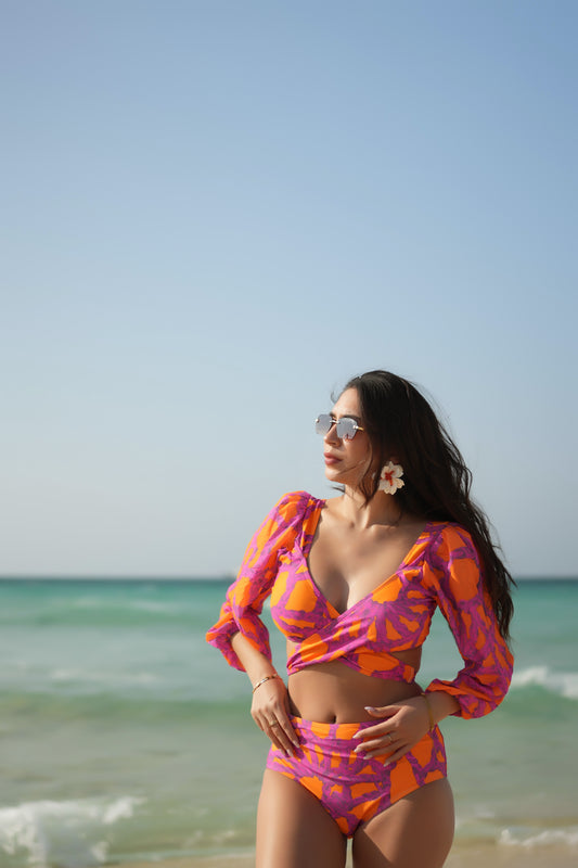 Coral Crush 3-Piece Bikini Set – Bikini Top, High-Waisted Bottom & Cover-Up Skirt