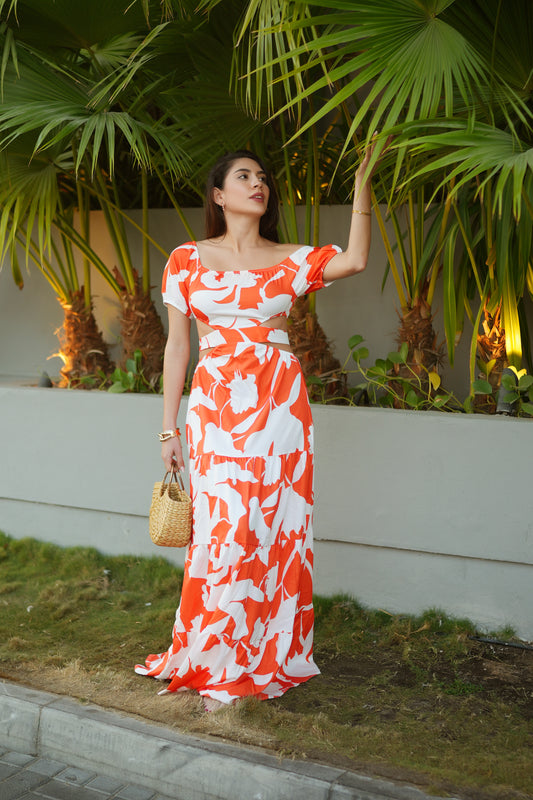 Coastal Grace Beachwear Dress – White & Orange Off-Shoulder Cover-Up | UAE Resort & Swimwear Fashion