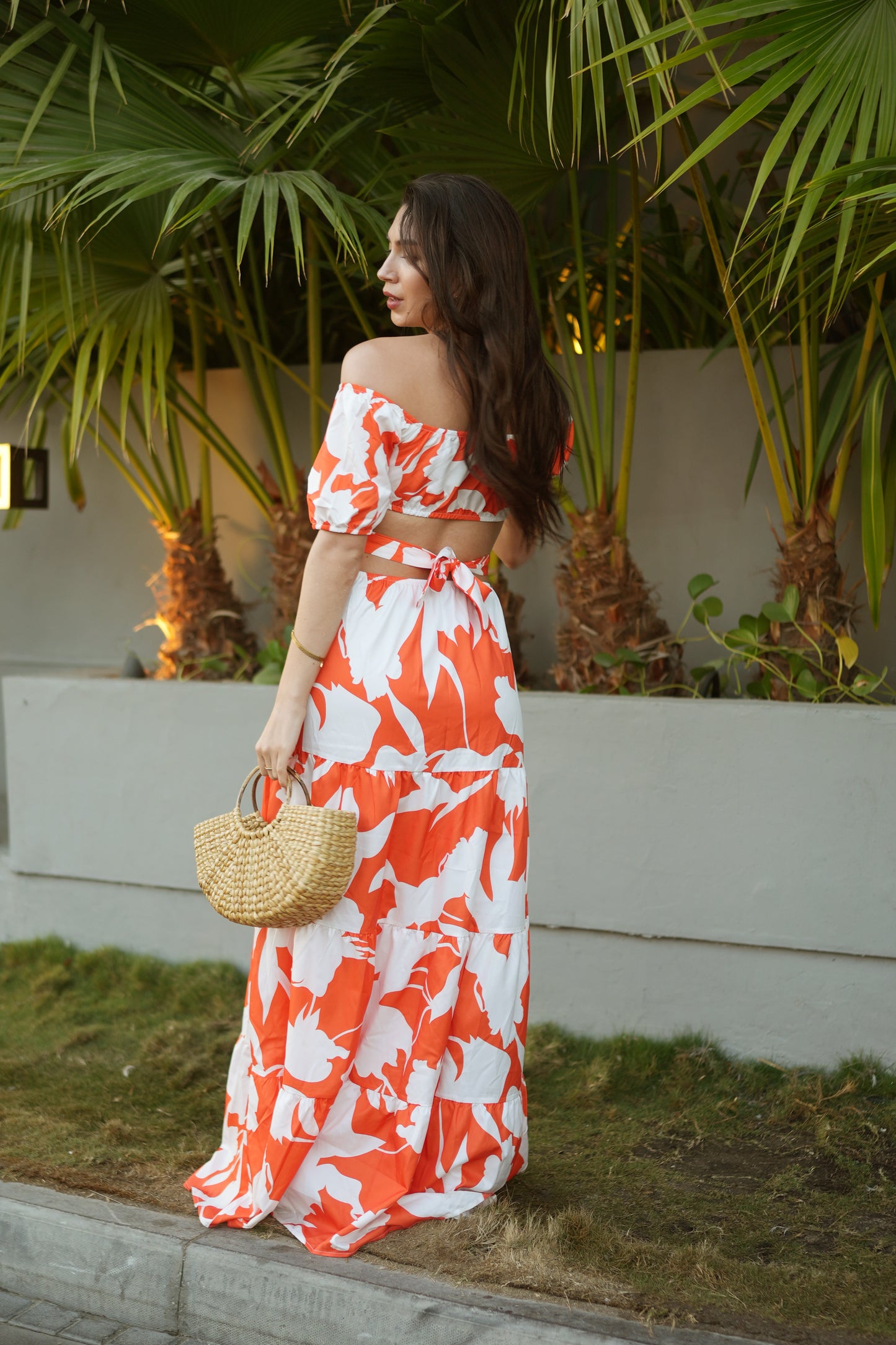 Coastal Grace Beachwear Dress – White & Orange Off-Shoulder Cover-Up | UAE Resort & Swimwear Fashion