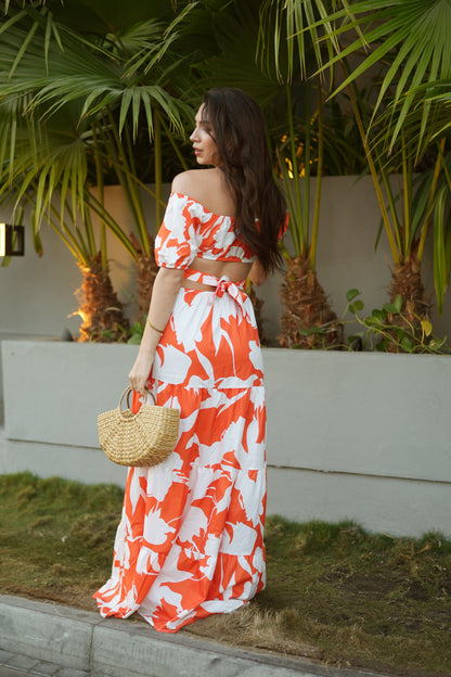 Coastal Grace Beachwear Dress – White & Orange Off-Shoulder Cover-Up | UAE Resort & Swimwear Fashion